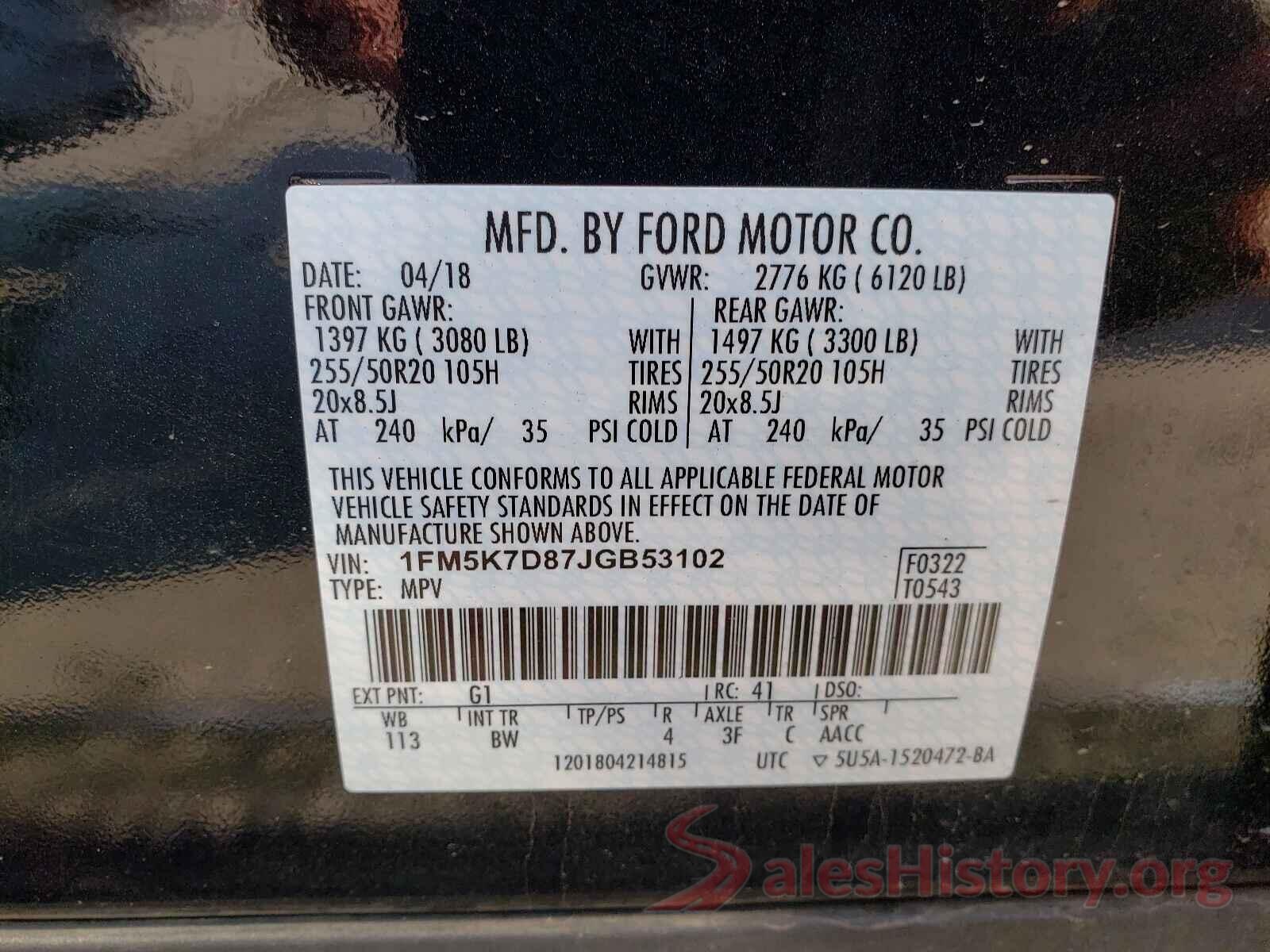 1FM5K7D87JGB53102 2018 FORD EXPLORER