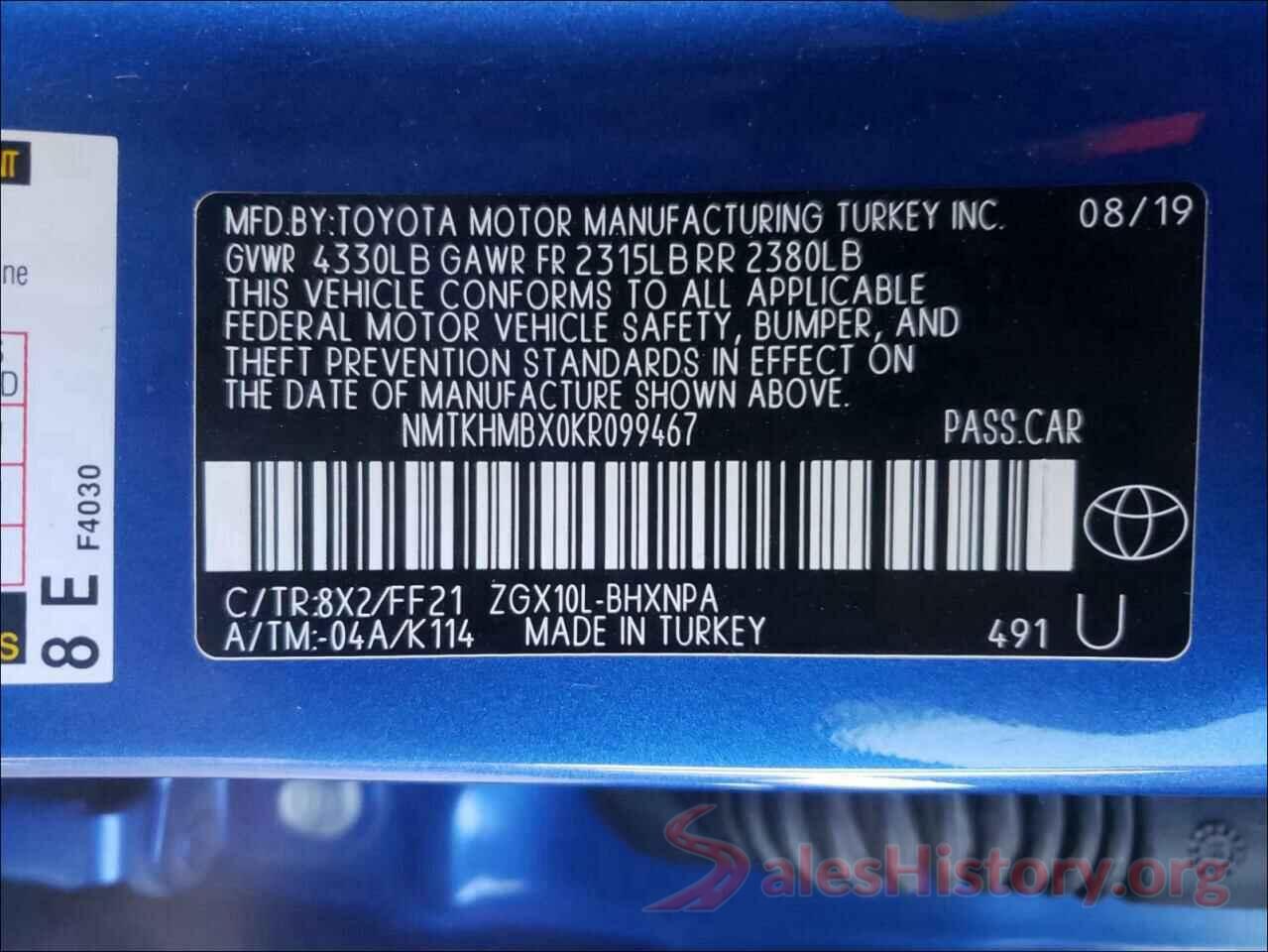 NMTKHMBX0KR099467 2019 TOYOTA C-HR