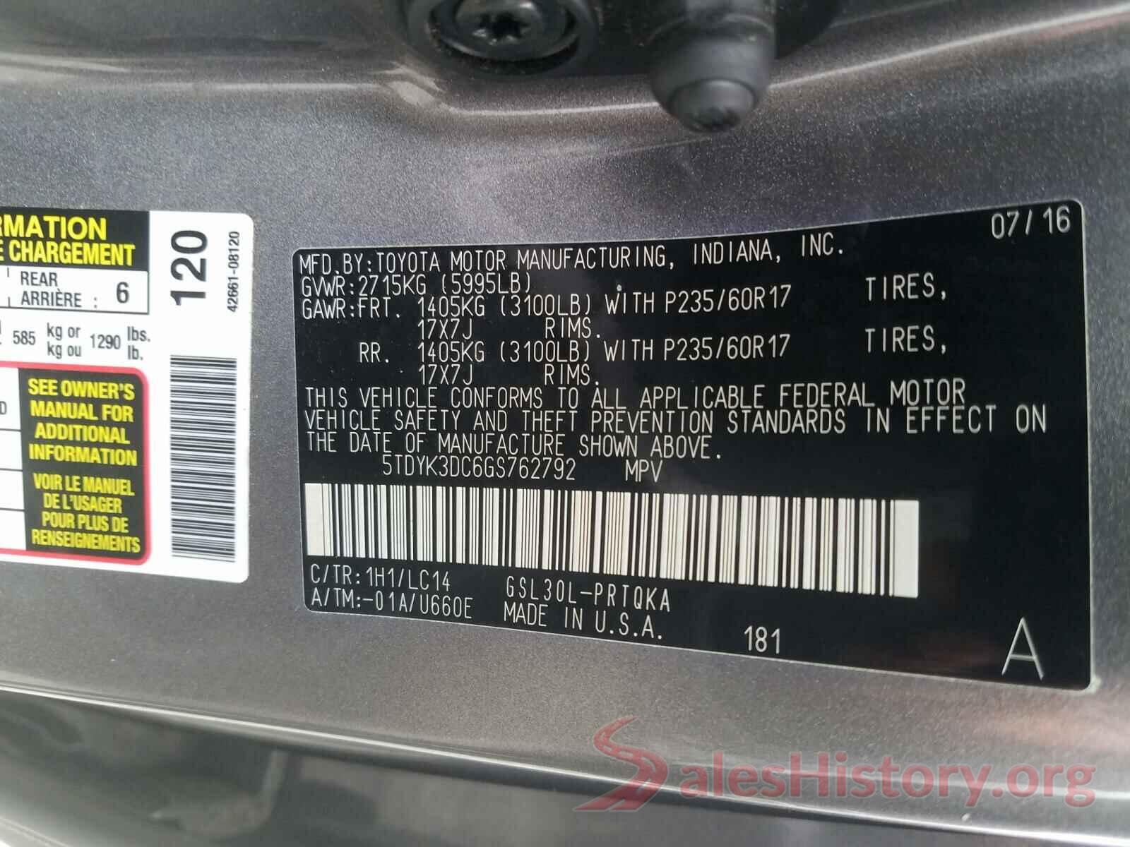 5TDYK3DC6GS762792 2016 TOYOTA SIENNA