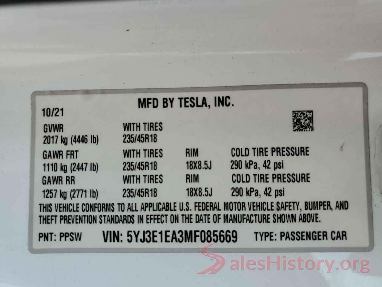 5YJ3E1EA3MF085669 2021 TESLA MODEL 3