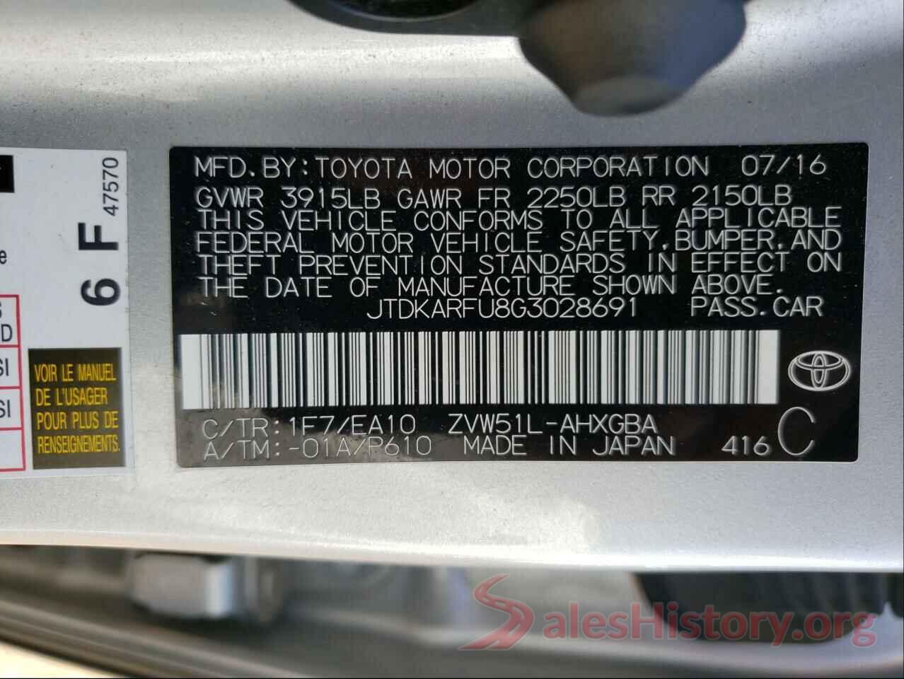 JTDKARFU8G3028691 2016 TOYOTA PRIUS