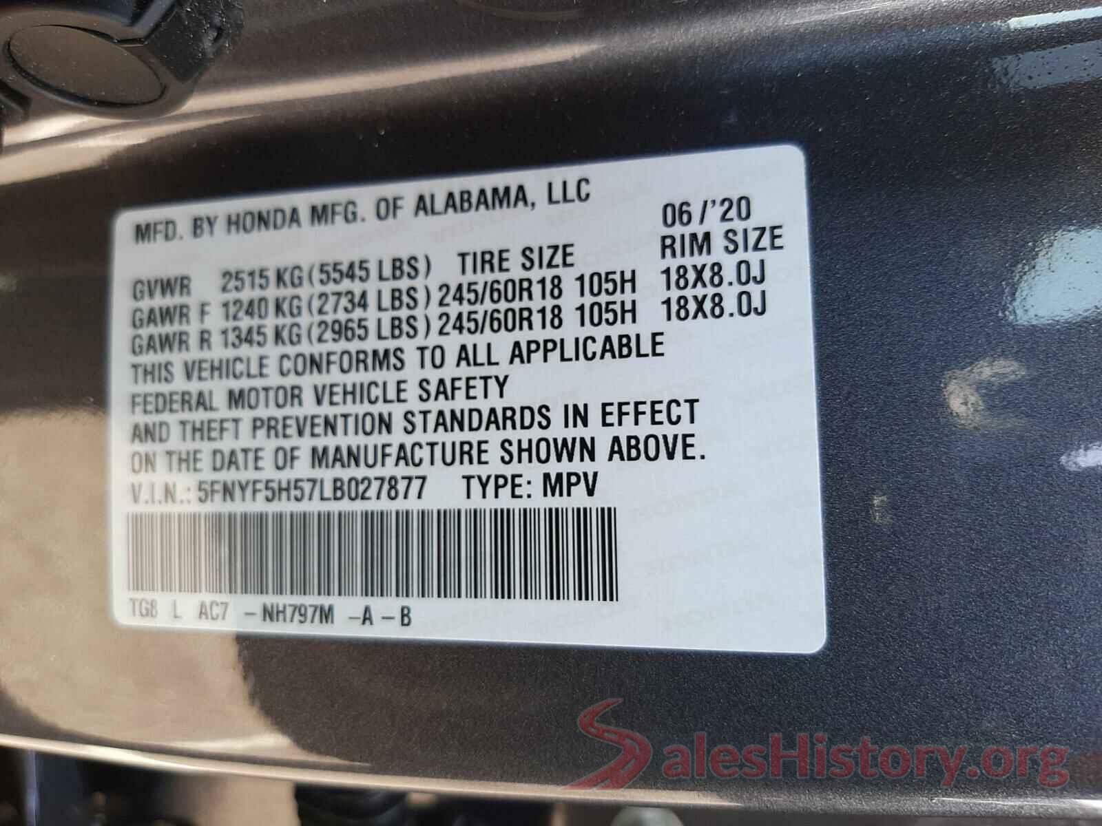 5FNYF5H57LB027877 2020 HONDA PILOT