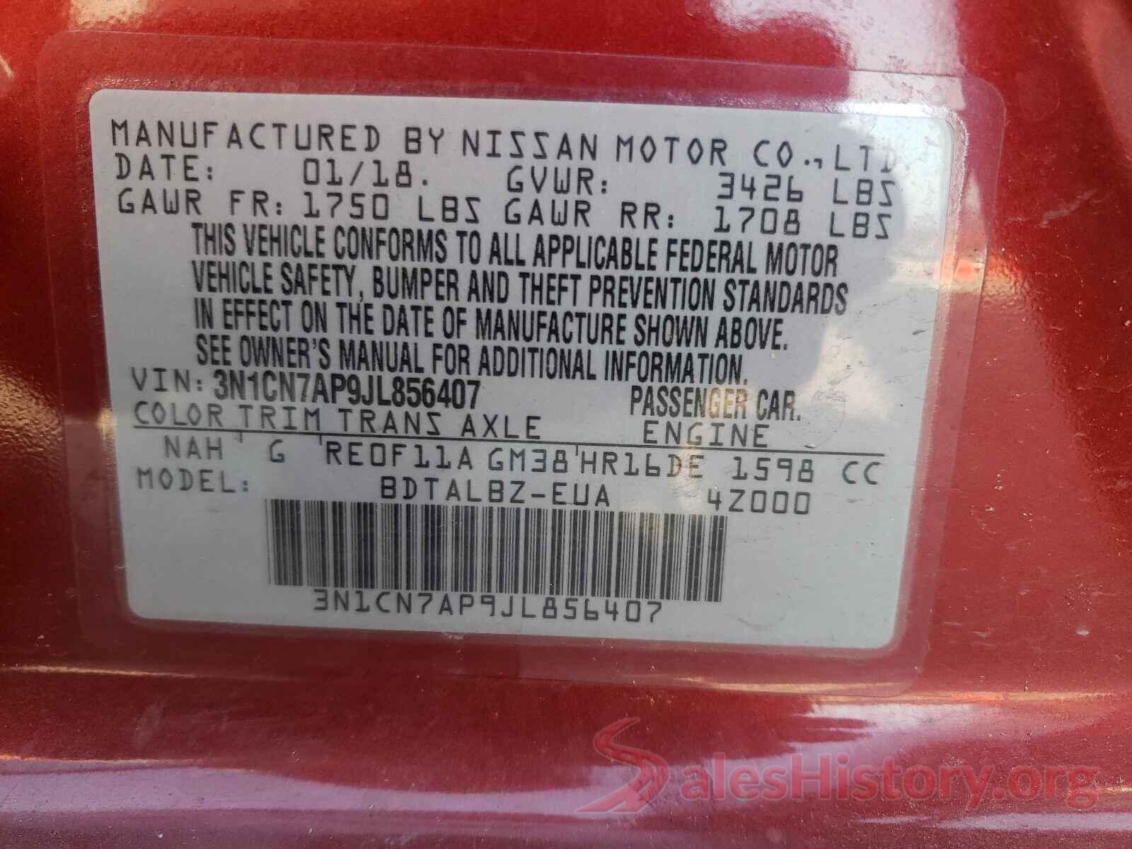 3N1CN7AP9JL856407 2018 NISSAN VERSA