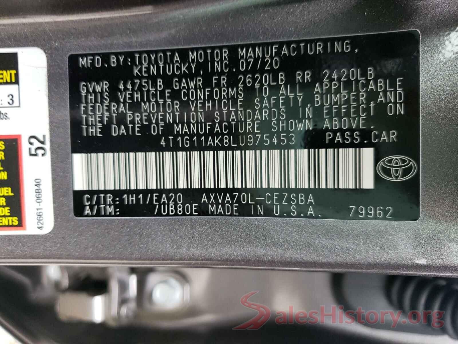 4T1G11AK8LU975453 2020 TOYOTA CAMRY