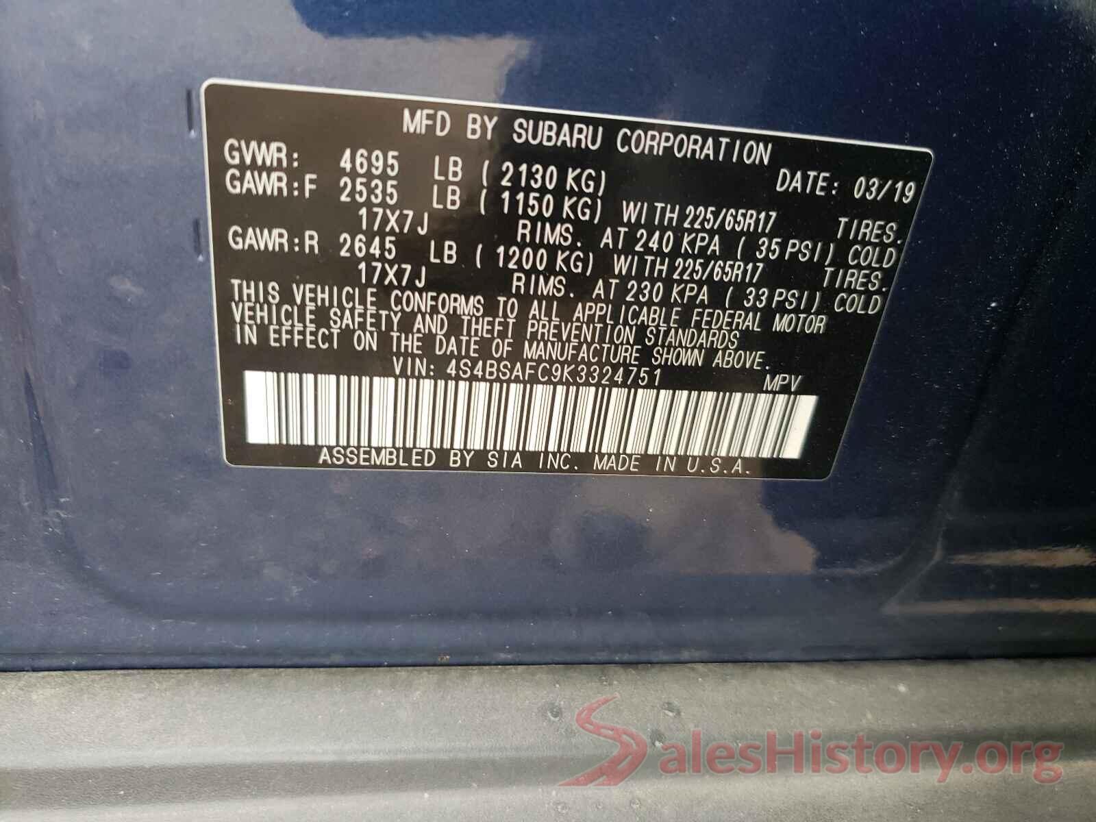 4S4BSAFC9K3324751 2019 SUBARU OUTBACK