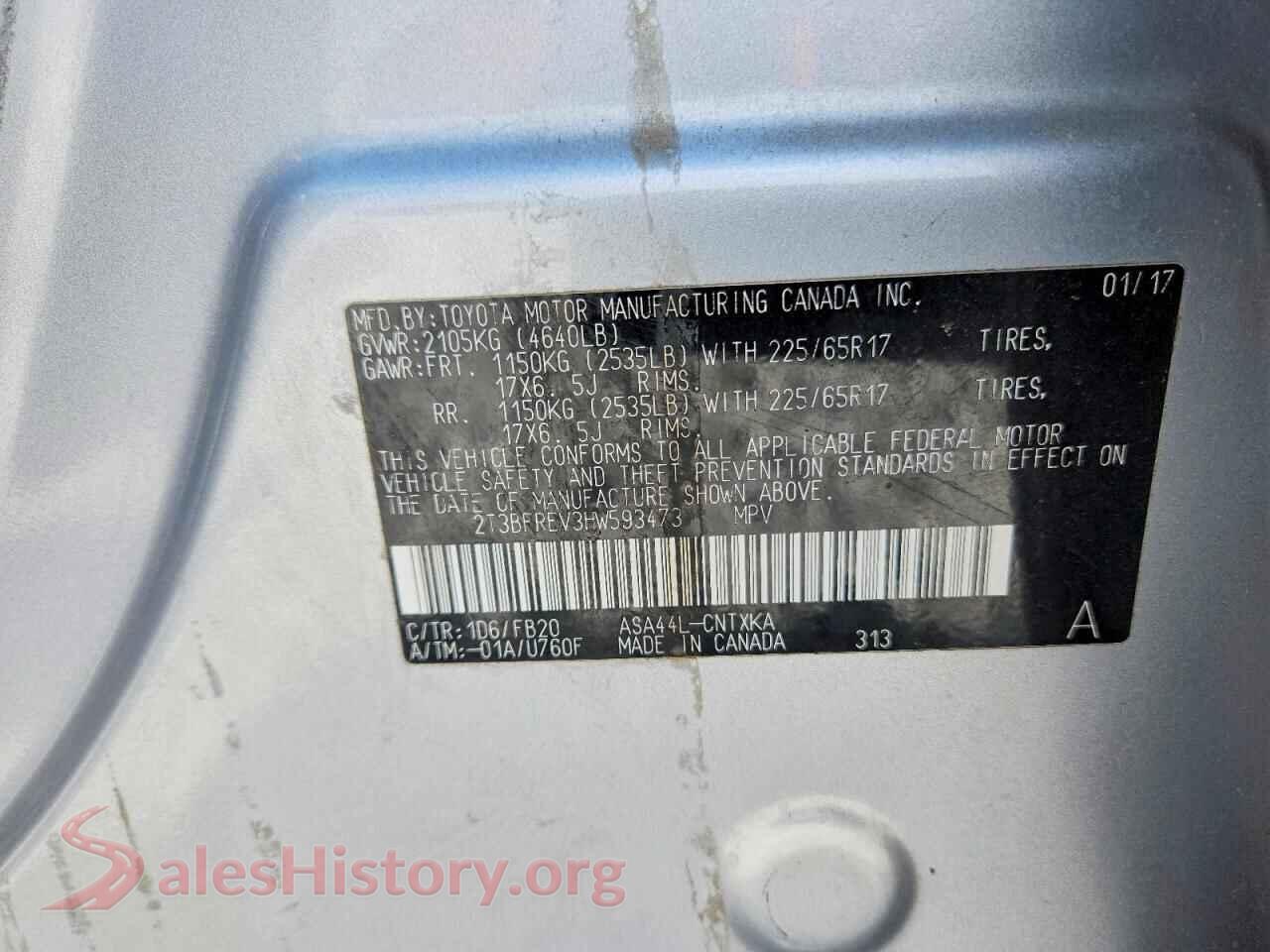 2017 TOYOTA RAV4 VIN 2T3BFREV3HW593473, trunk area