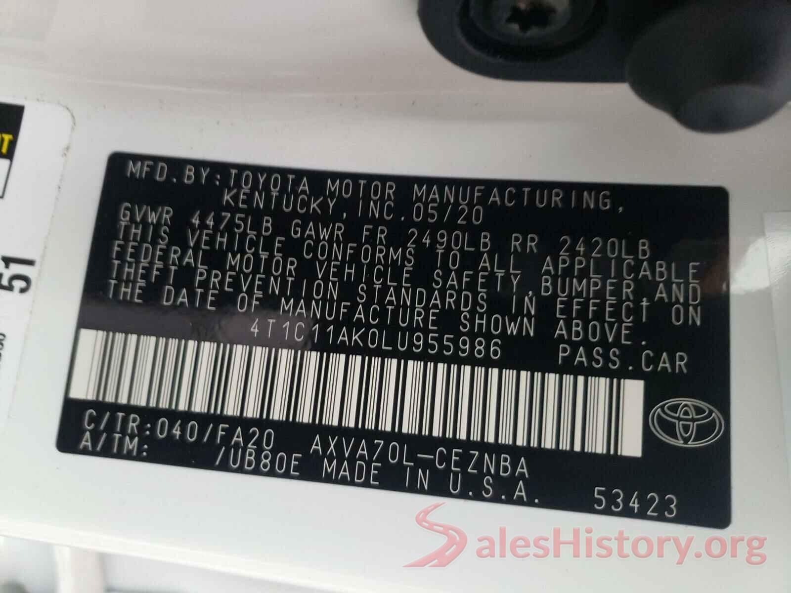 4T1C11AK0LU955986 2020 TOYOTA CAMRY