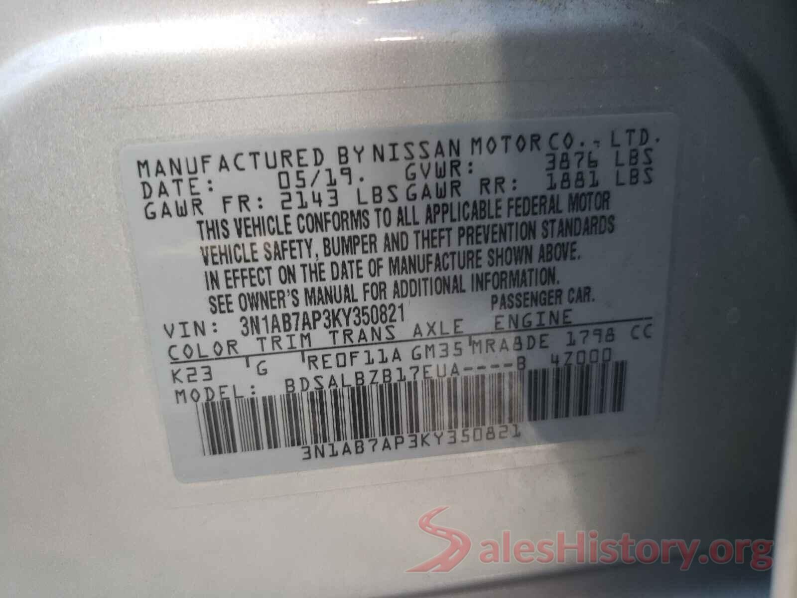 3N1AB7AP3KY350821 2019 NISSAN SENTRA