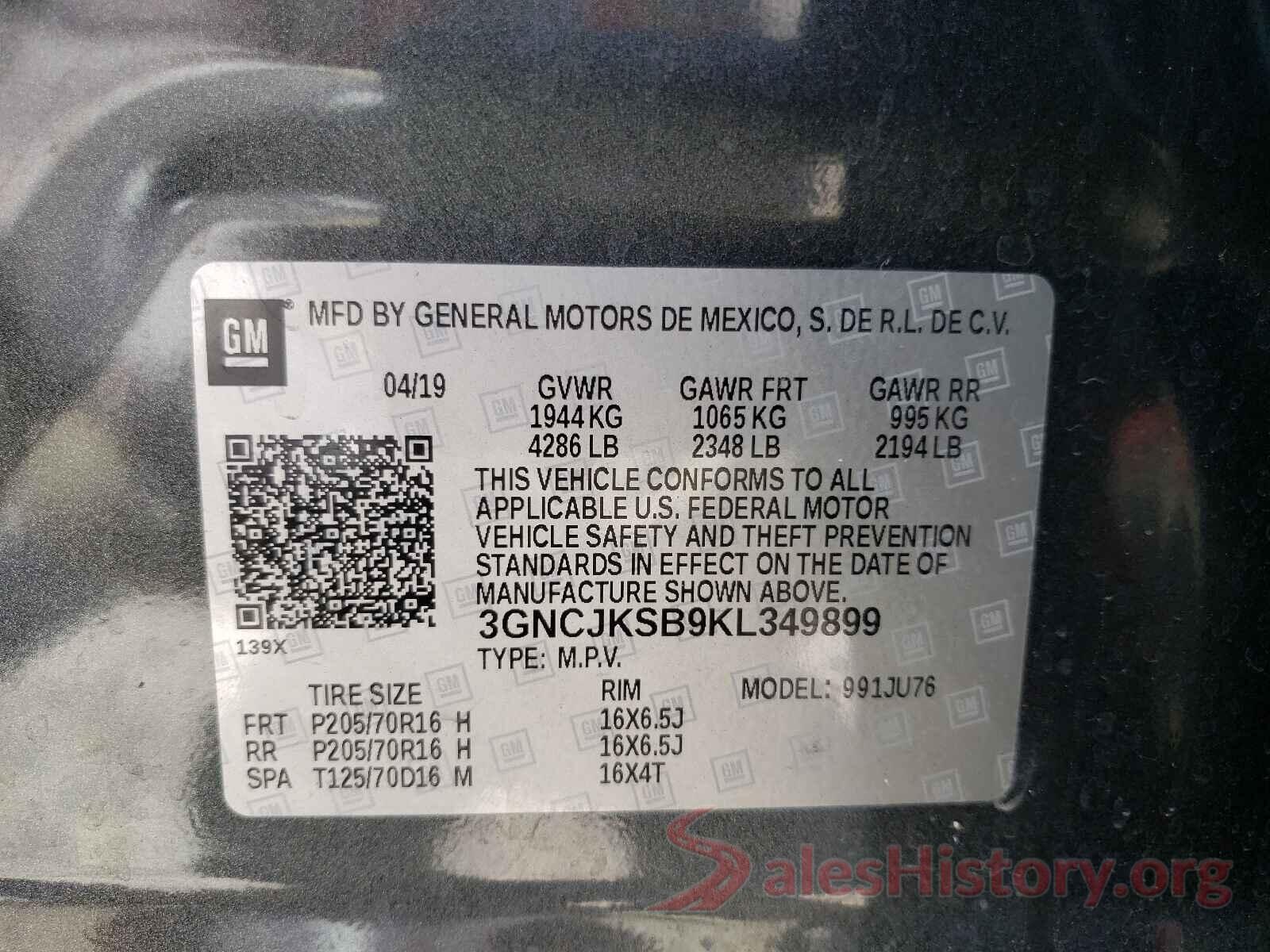 3GNCJKSB9KL349899 2019 CHEVROLET TRAX