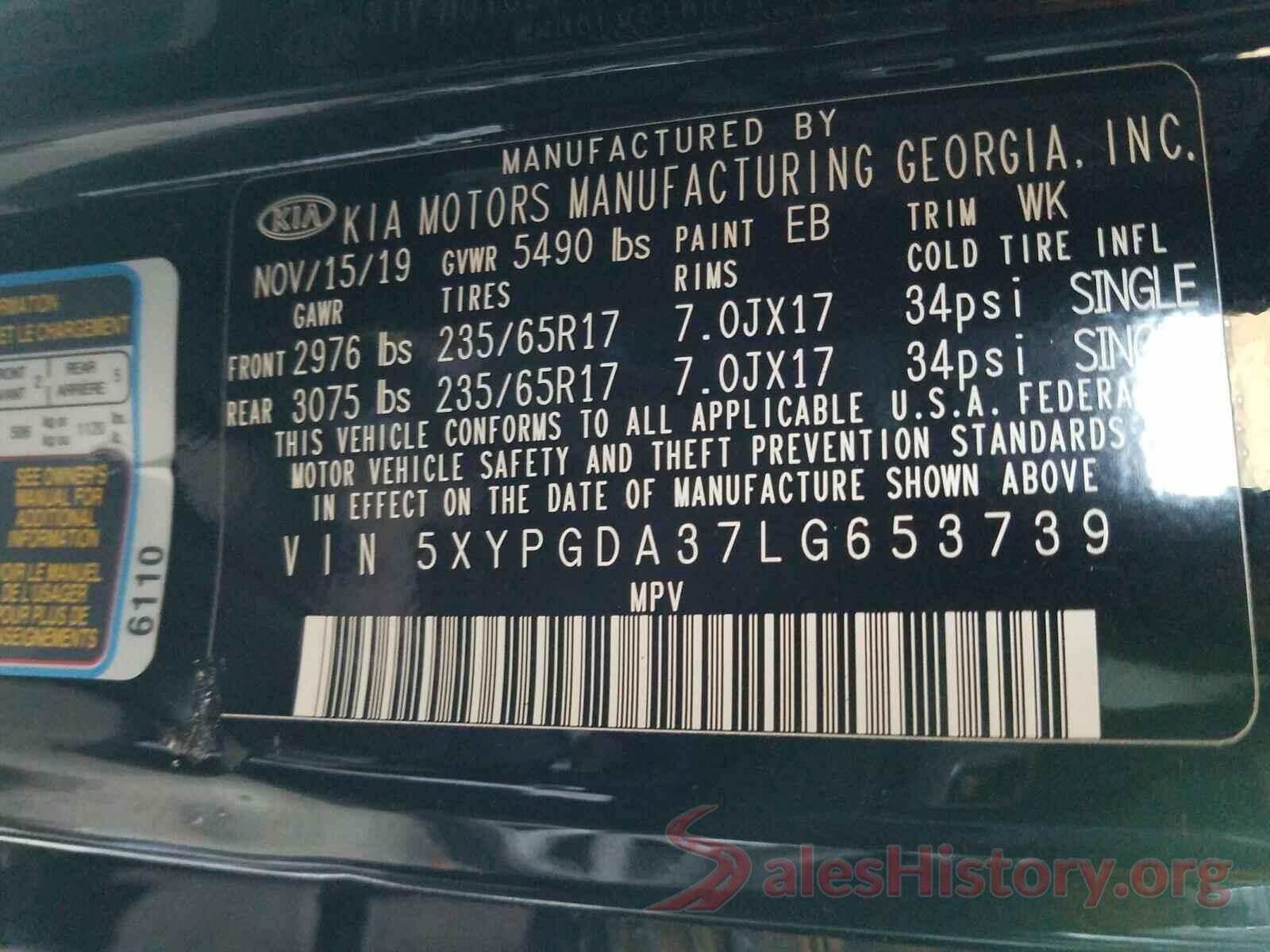 5XYPGDA37LG653739 2020 KIA SORENTO