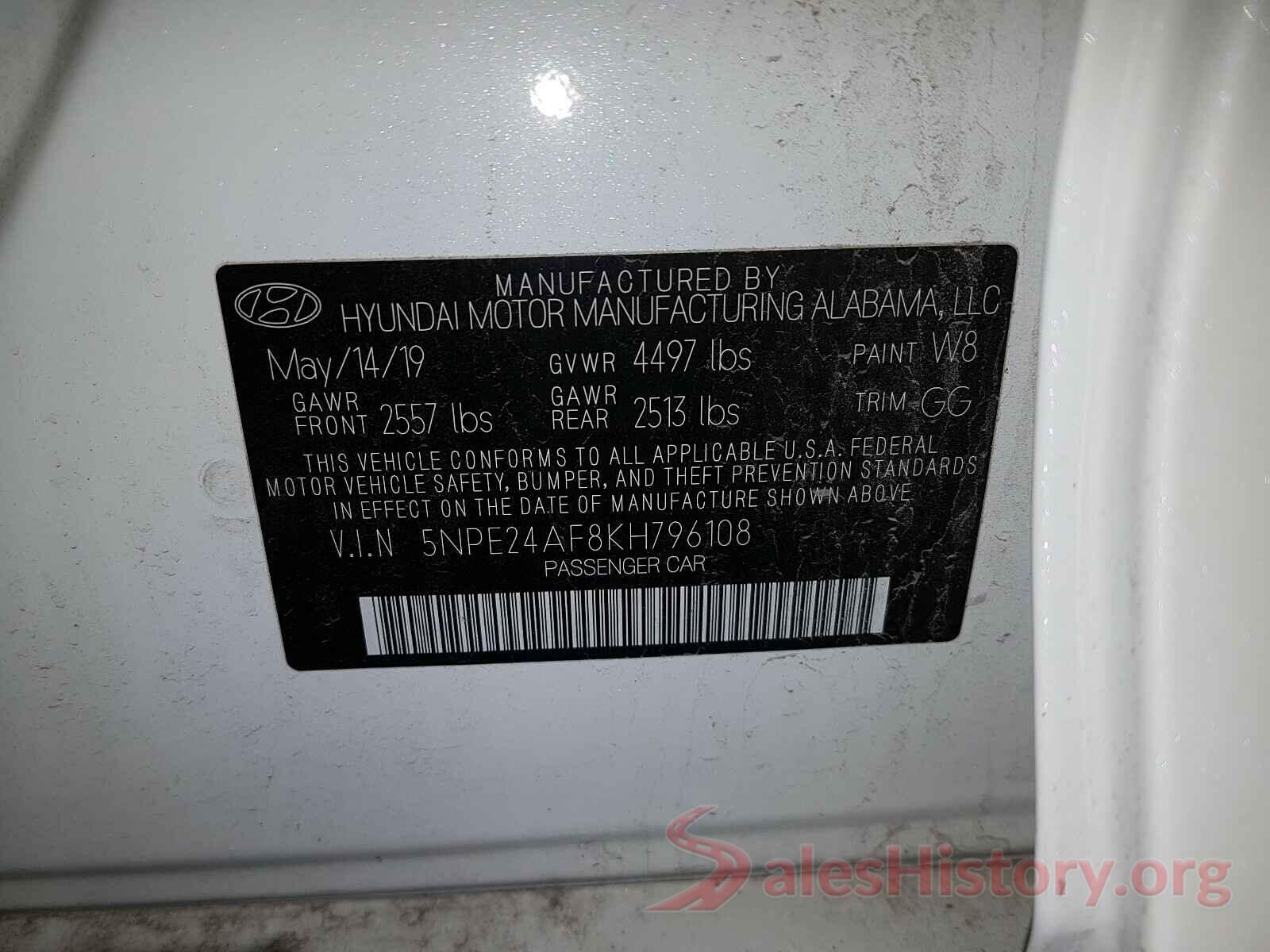 5NPE24AF8KH796108 2019 HYUNDAI SONATA