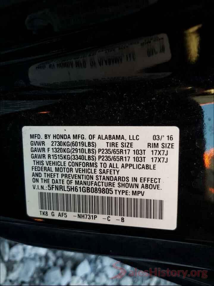 5FNRL5H61GB089805 2016 HONDA ODYSSEY