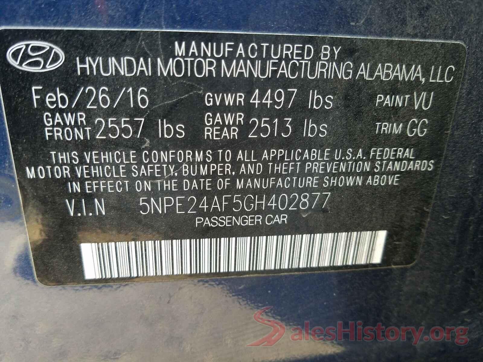 5NPE24AF5GH402877 2016 HYUNDAI SONATA