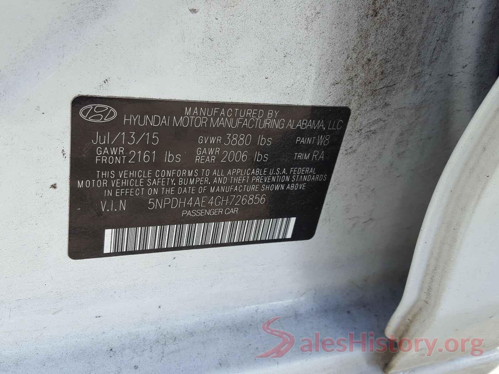 5NPDH4AE4GH726856 2016 HYUNDAI ELANTRA