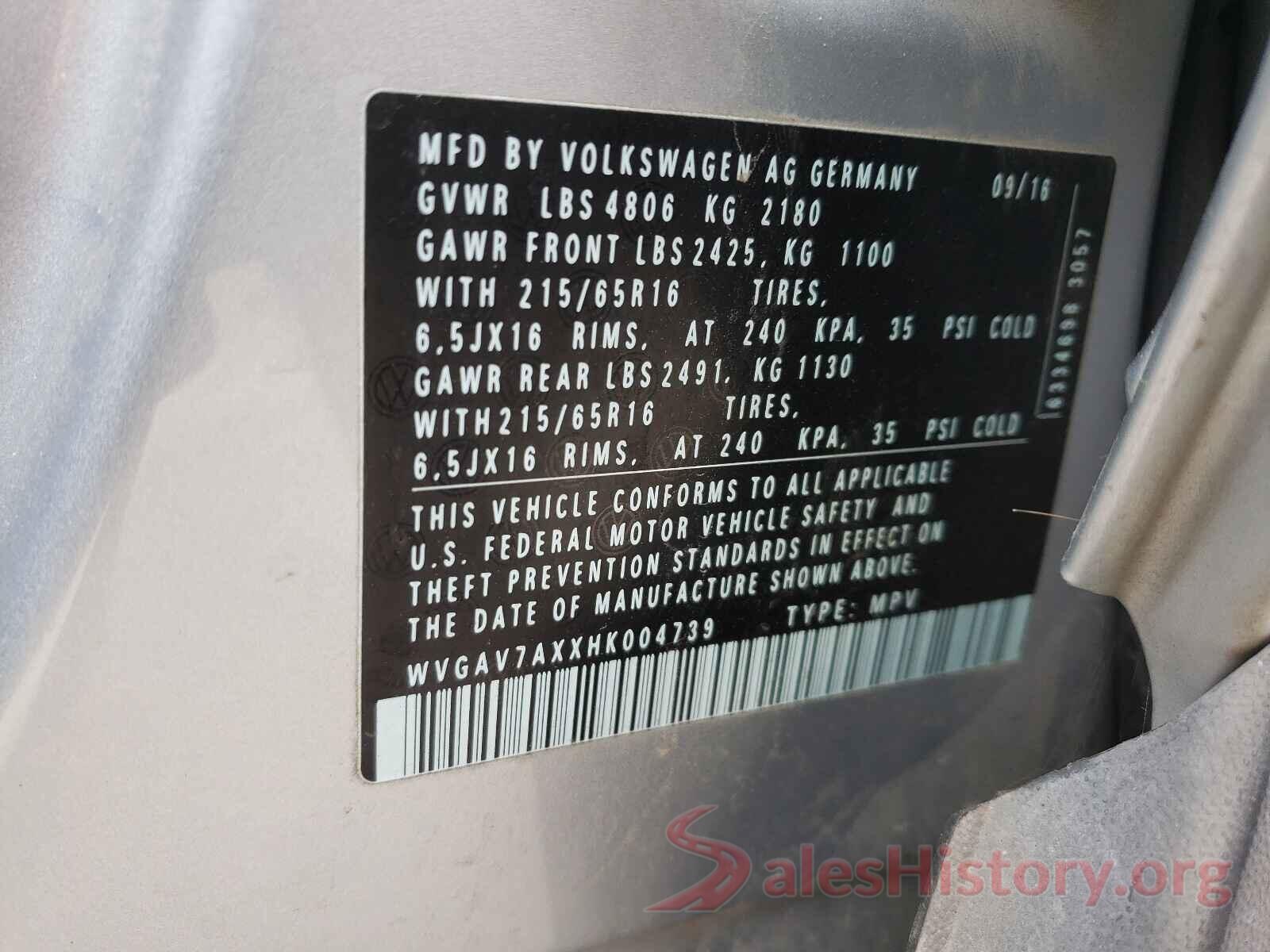 WVGAV7AXXHK004739 2017 VOLKSWAGEN TIGUAN