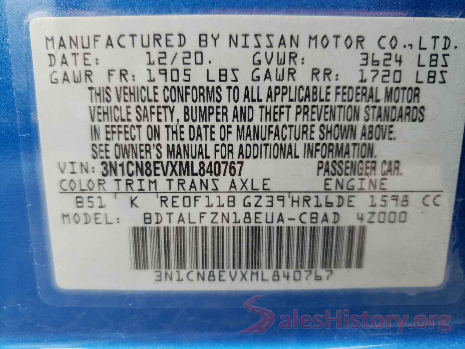 3N1CN8EVXML840767 2021 NISSAN VERSA