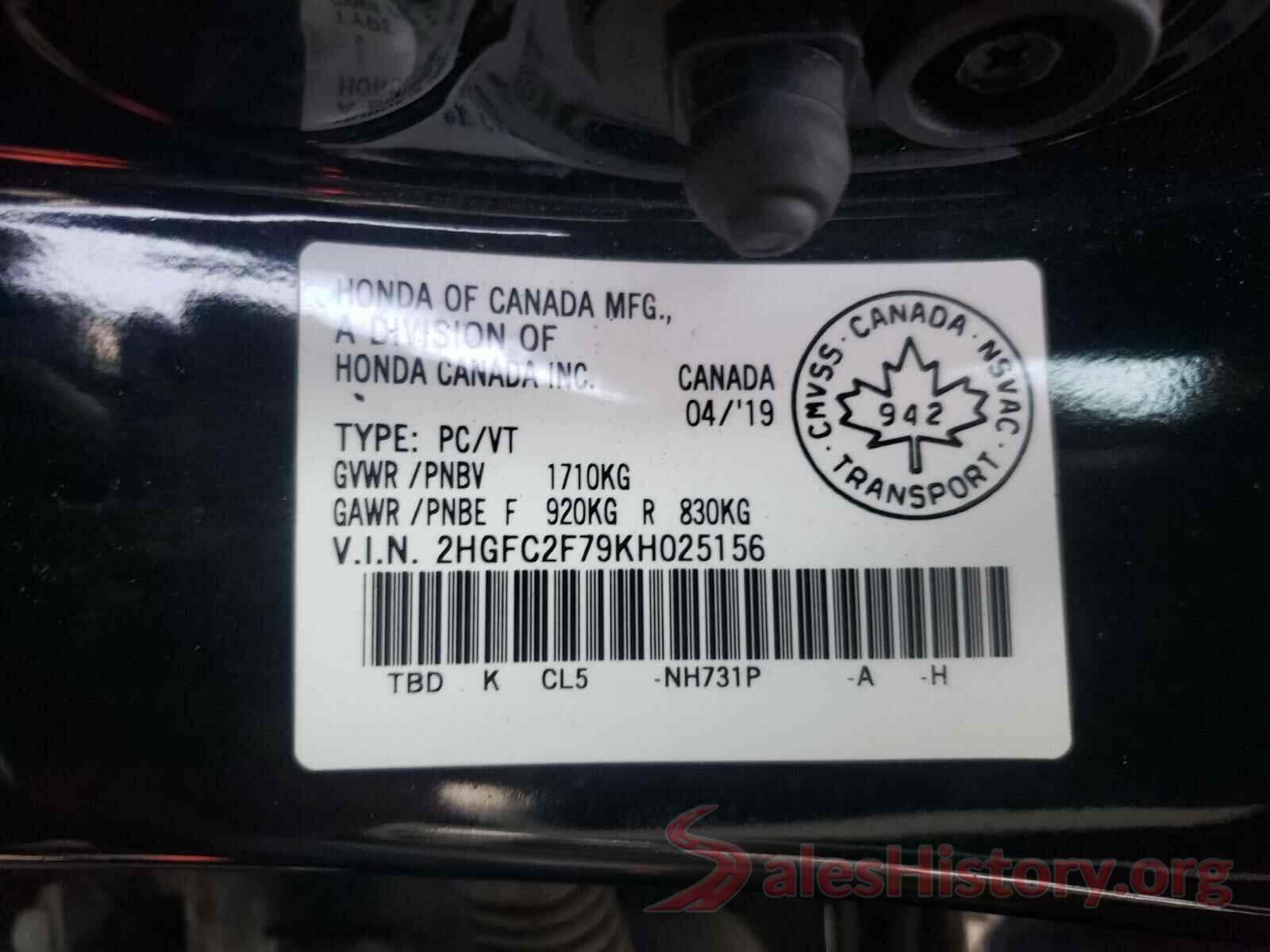 2HGFC2F79KH025156 2019 HONDA CIVIC