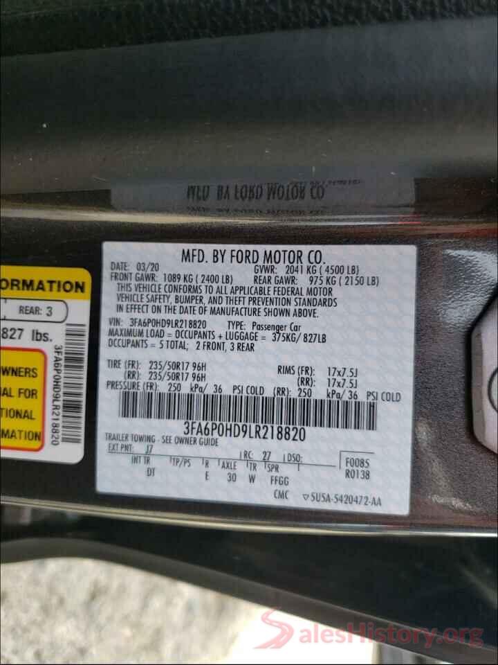 3FA6P0HD9LR218820 2020 FORD FUSION