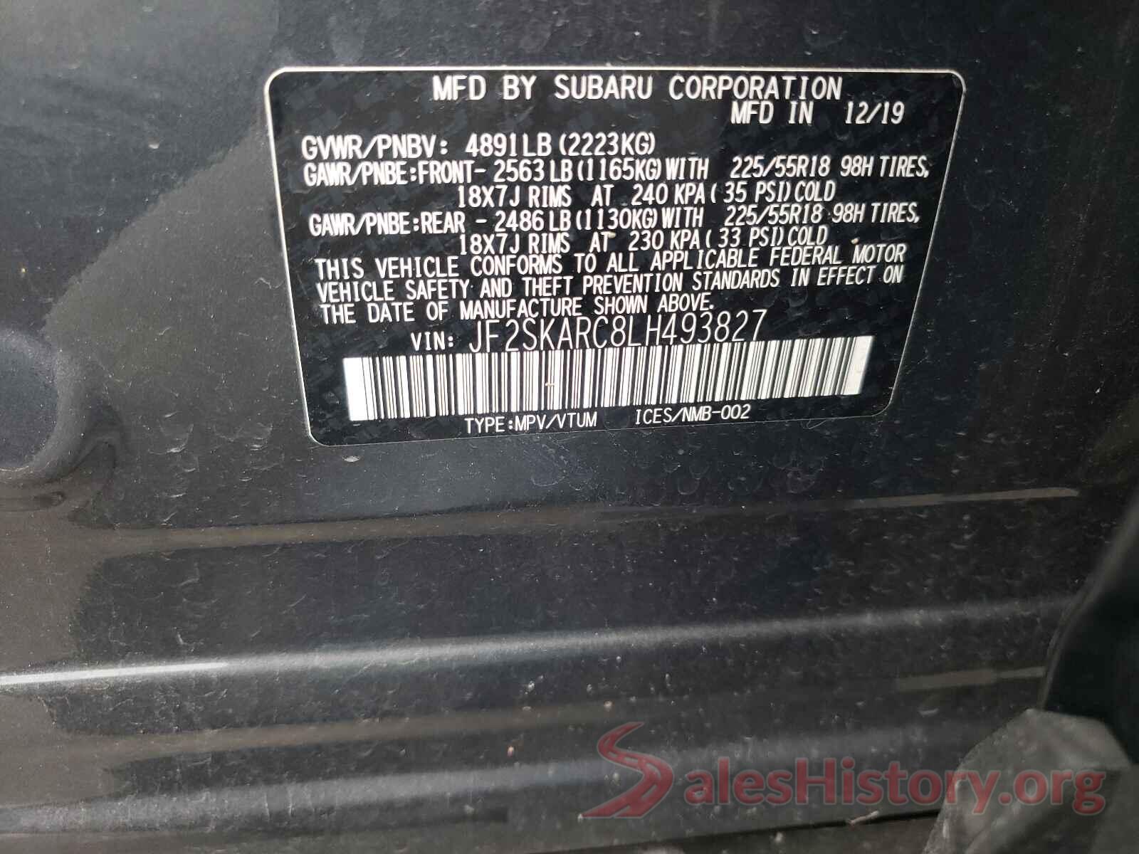 JF2SKARC8LH493827 2020 SUBARU FORESTER