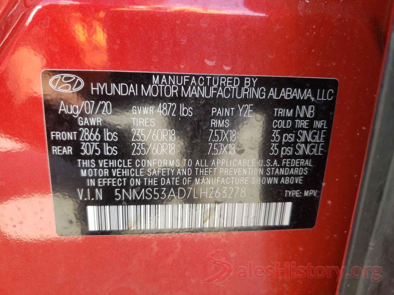 5NMS53AD7LH263278 2020 HYUNDAI SANTA FE