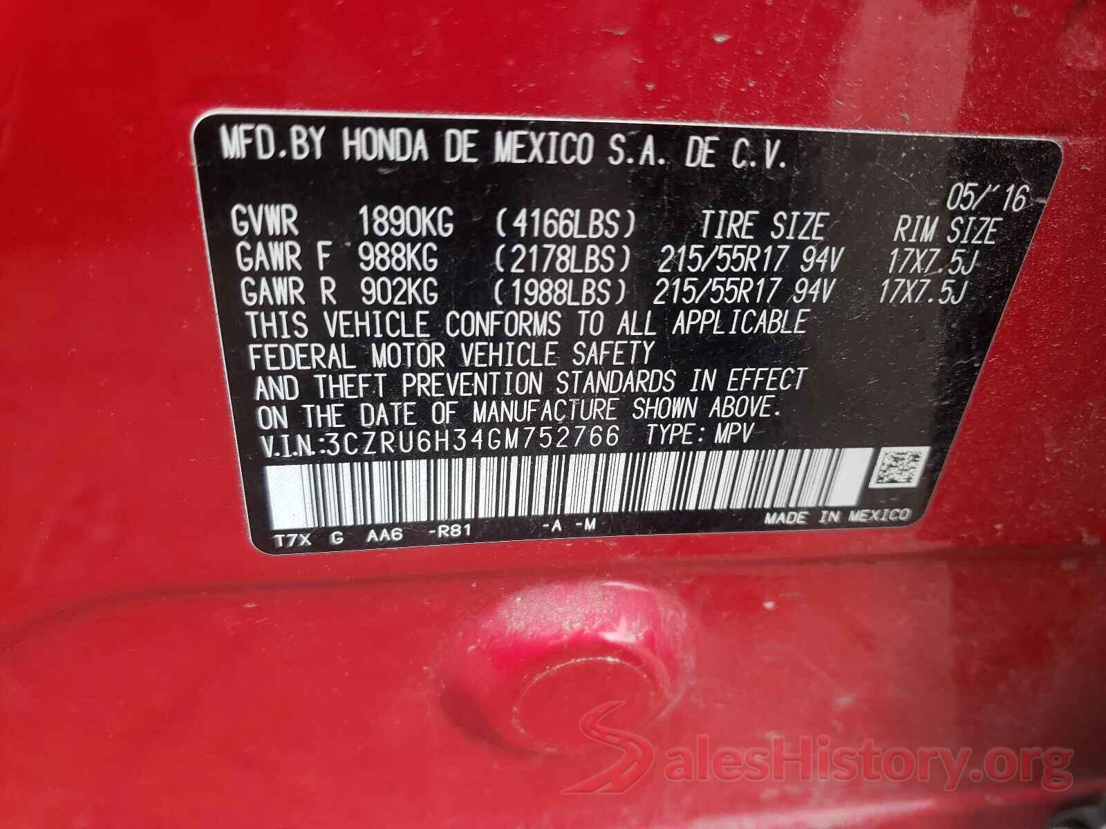 3CZRU6H34GM752766 2016 HONDA HR-V