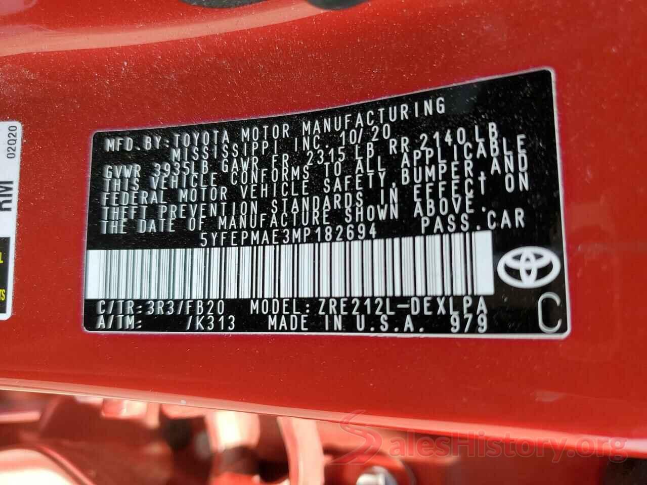 5YFEPMAE3MP182694 2021 TOYOTA COROLLA