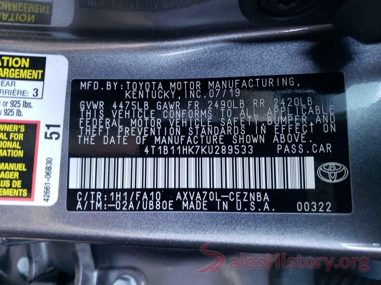 4T1B11HK7KU289533 2019 TOYOTA CAMRY