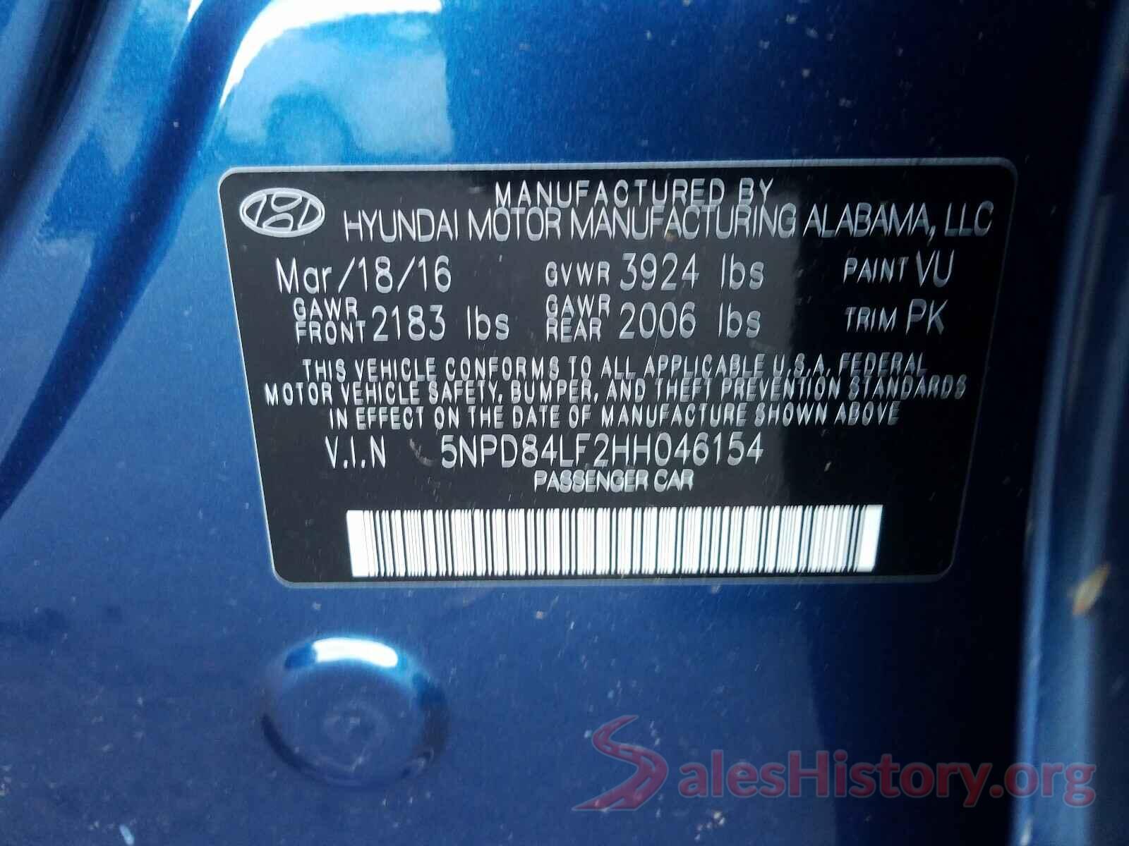 5NPD84LF2HH046154 2017 HYUNDAI ELANTRA