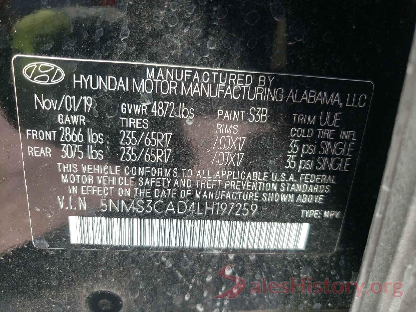 5NMS3CAD4LH197259 2020 HYUNDAI SANTA FE