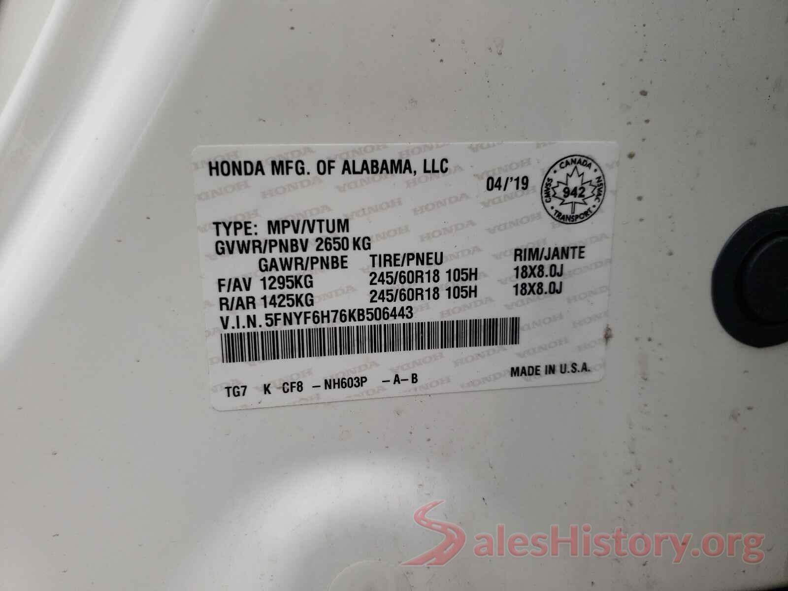 5FNYF6H76KB506443 2019 HONDA PILOT