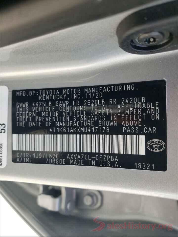 4T1K61AKXMU417178 2021 TOYOTA CAMRY