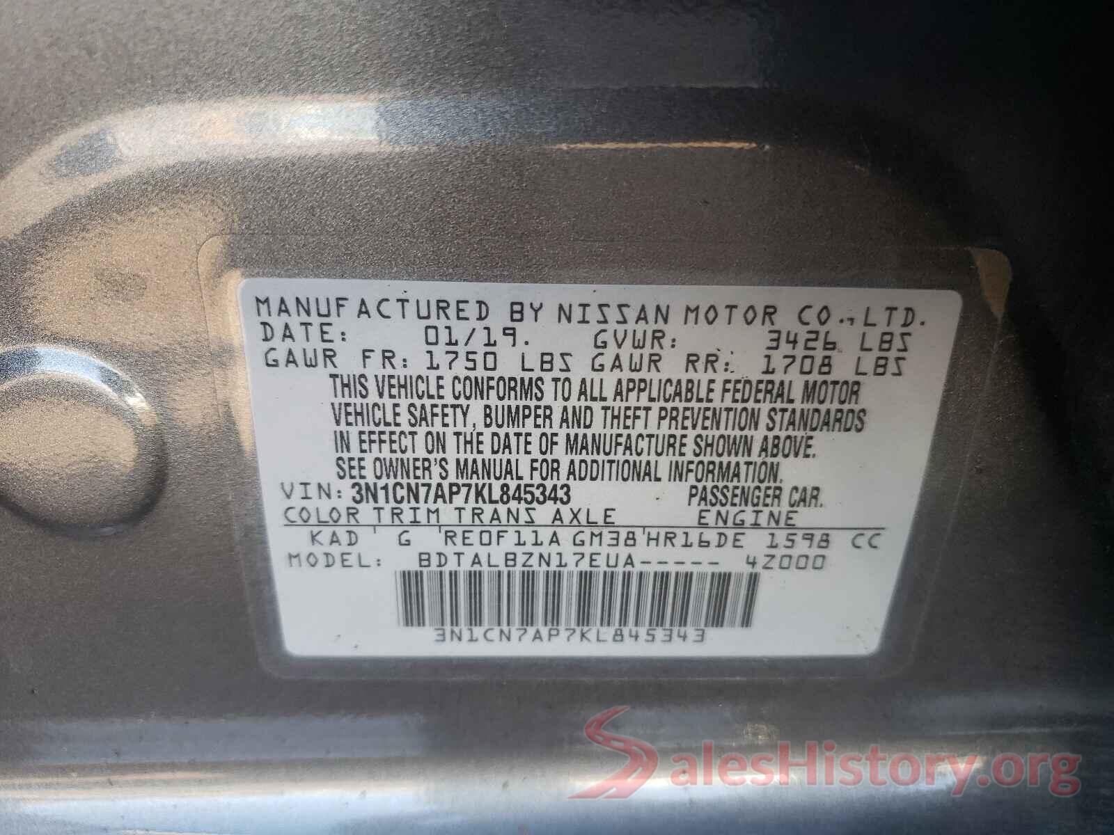 3N1CN7AP7KL845343 2019 NISSAN VERSA