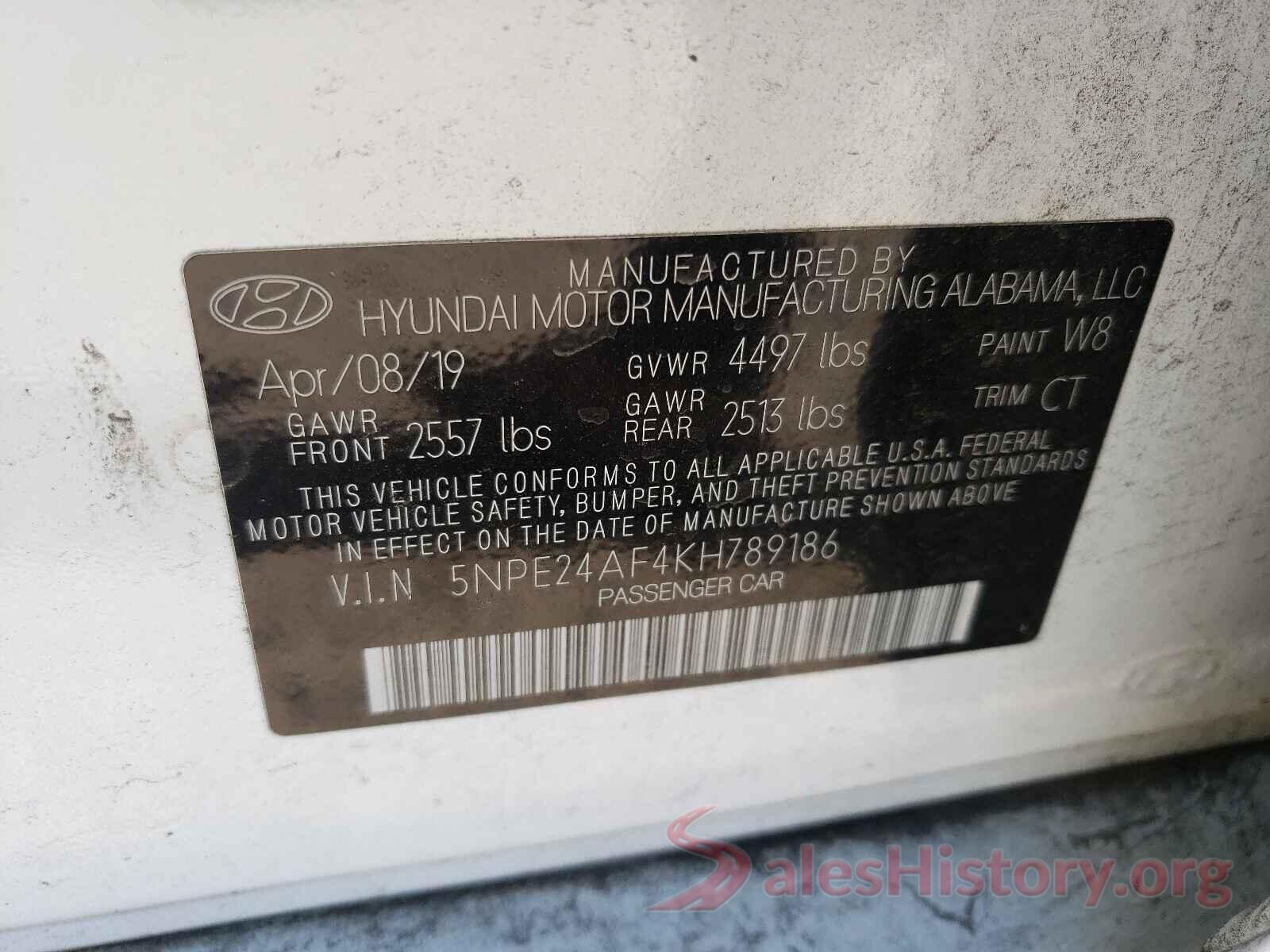 5NPE24AF4KH789186 2019 HYUNDAI SONATA