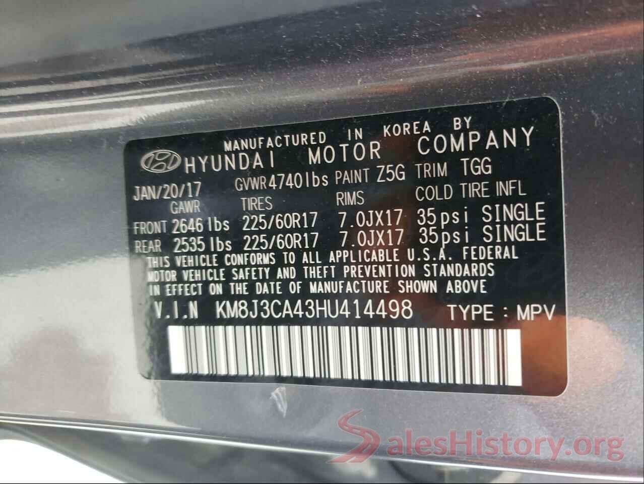 KM8J3CA43HU414498 2017 HYUNDAI TUCSON