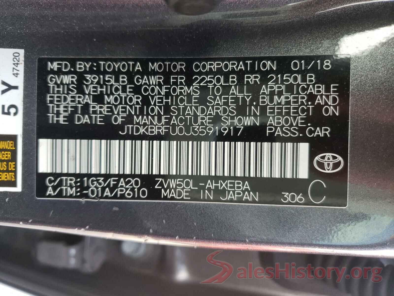 JTDKBRFU0J3591917 2018 TOYOTA PRIUS