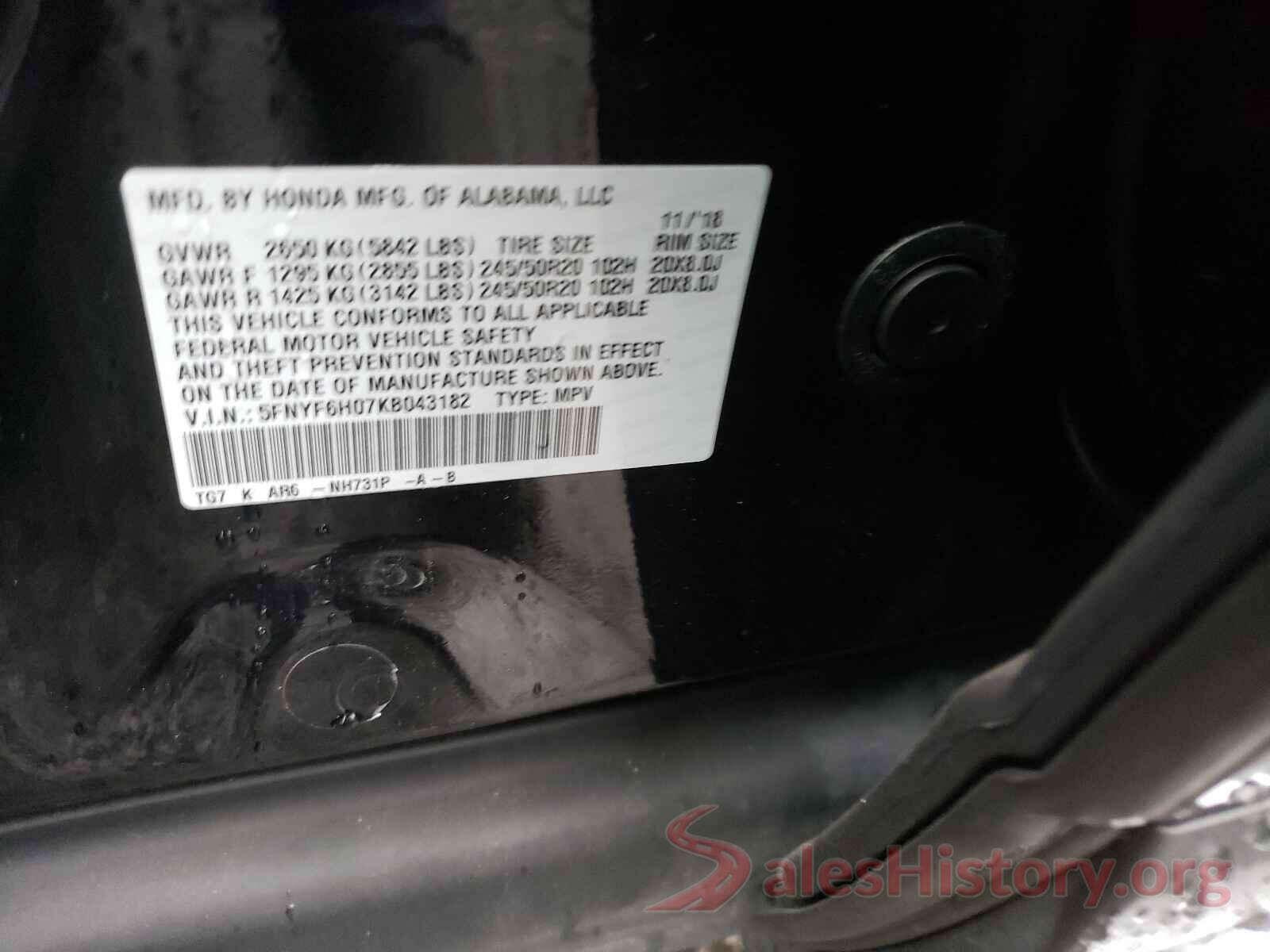 5FNYF6H07KB043182 2019 HONDA PILOT