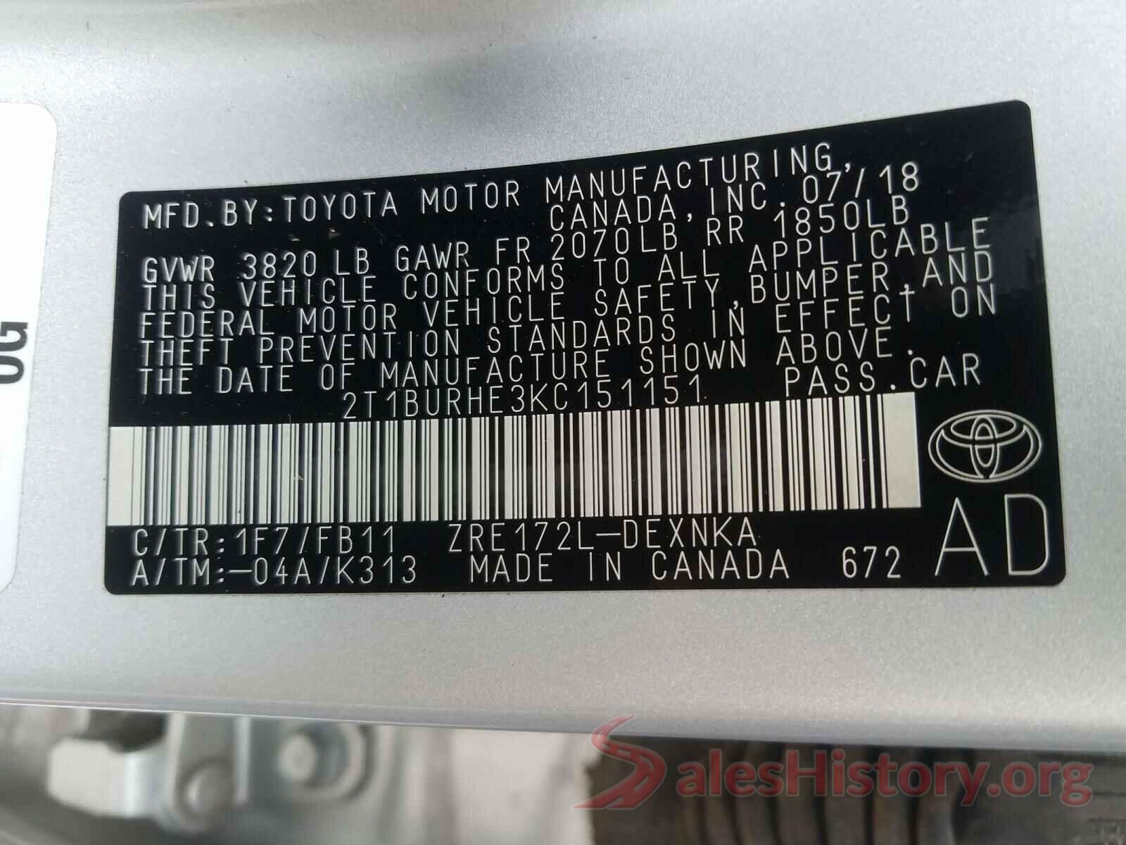 2T1BURHE3KC151151 2019 TOYOTA COROLLA