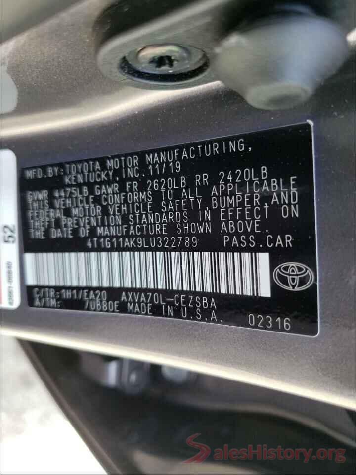 4T1G11AK9LU322789 2020 TOYOTA CAMRY