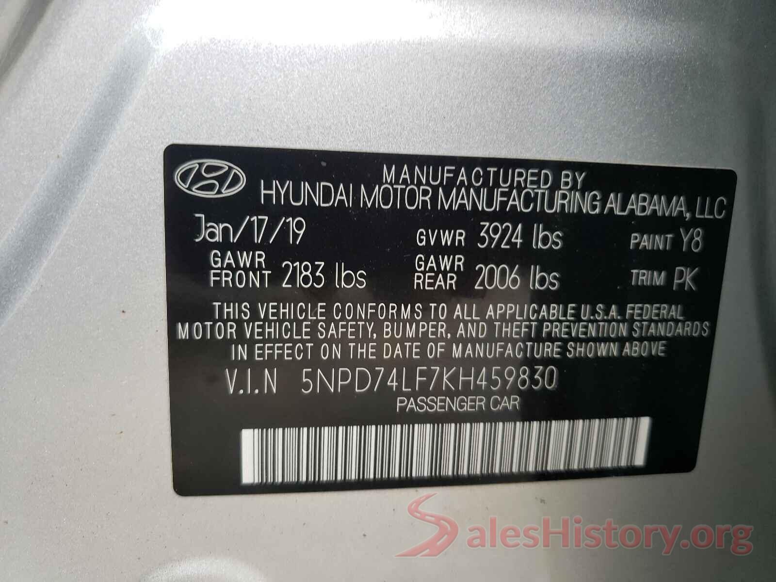 5NPD74LF7KH459830 2019 HYUNDAI ELANTRA