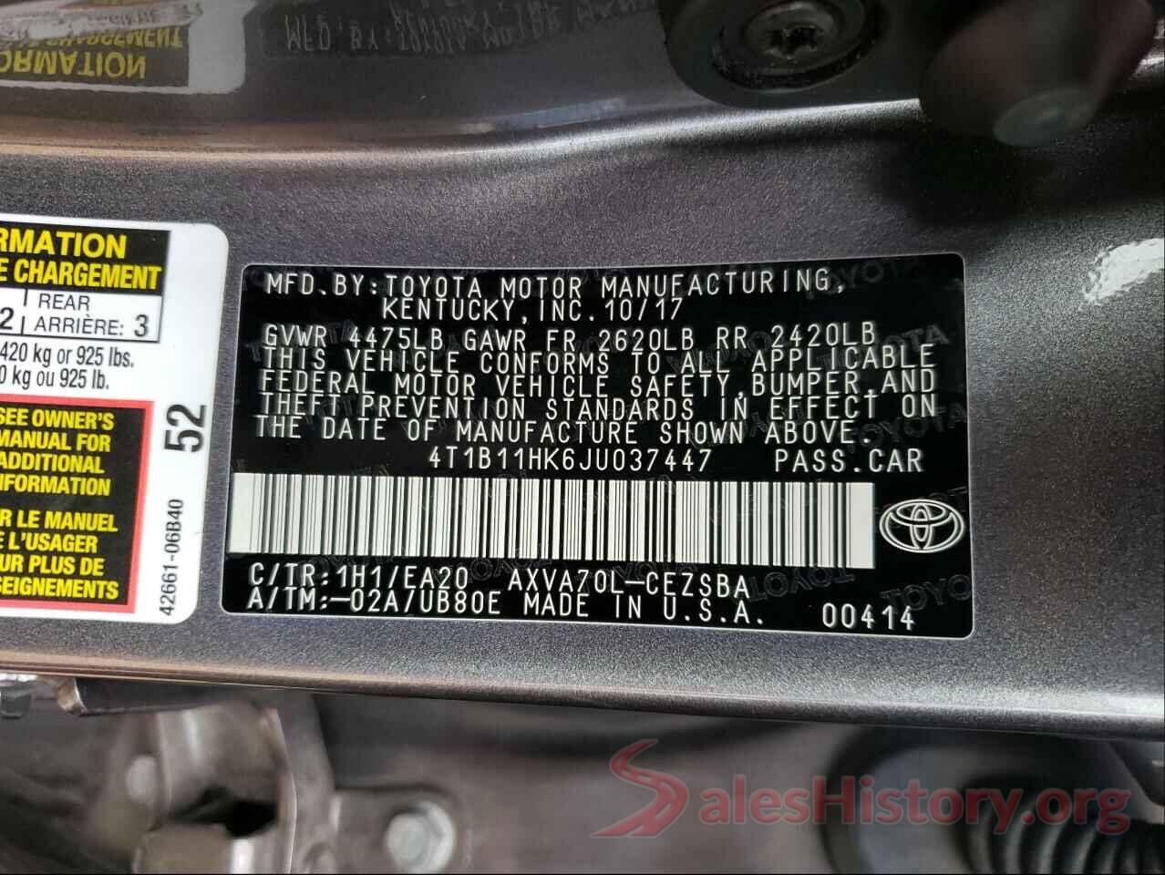 4T1B11HK6JU037447 2018 TOYOTA CAMRY