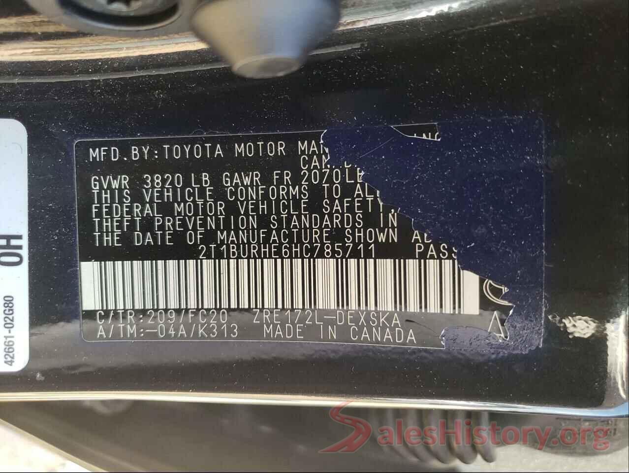 2T1BURHE6HC785711 2017 TOYOTA COROLLA