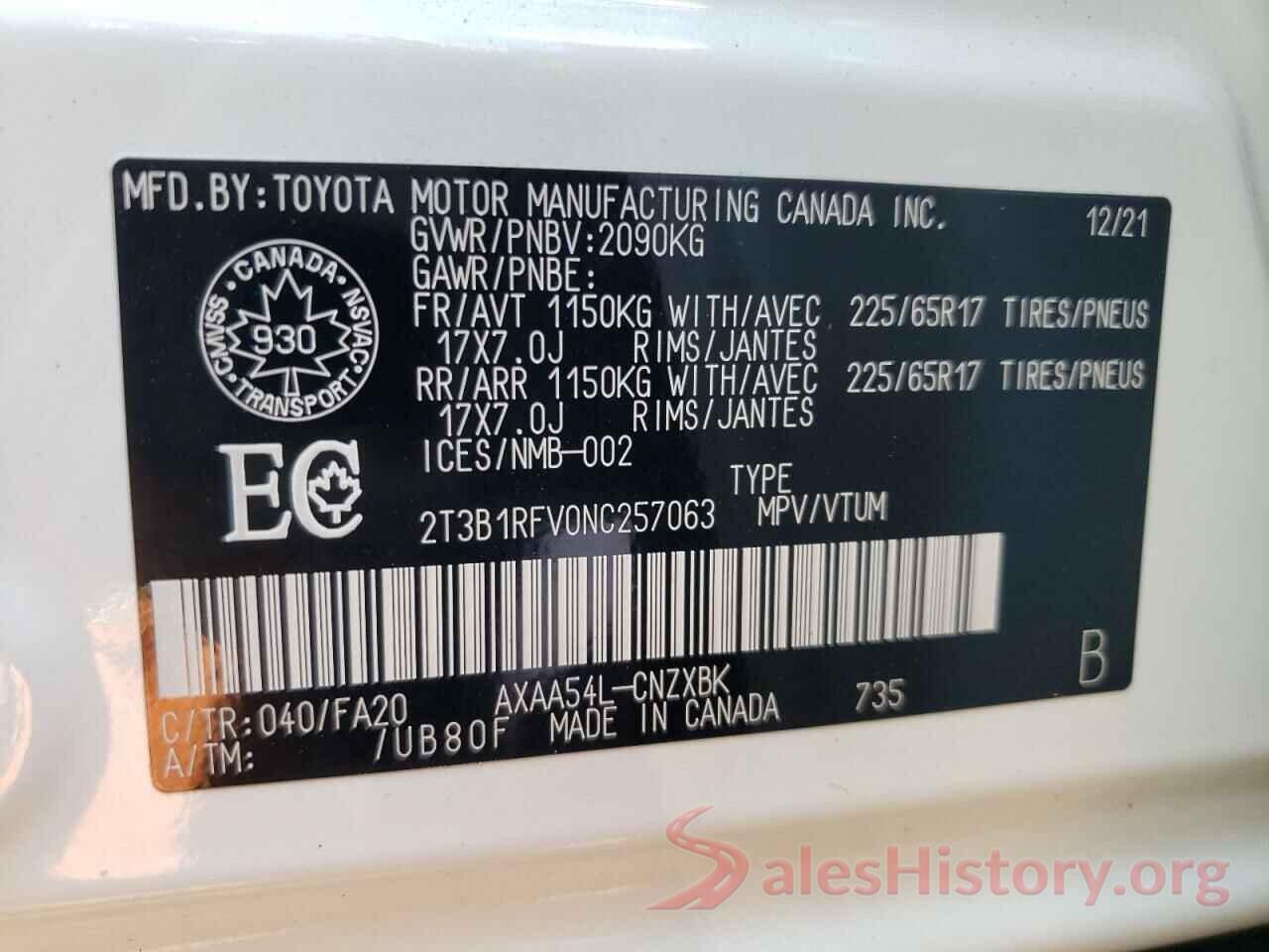 2T3B1RFV0NC257063 2022 TOYOTA RAV4