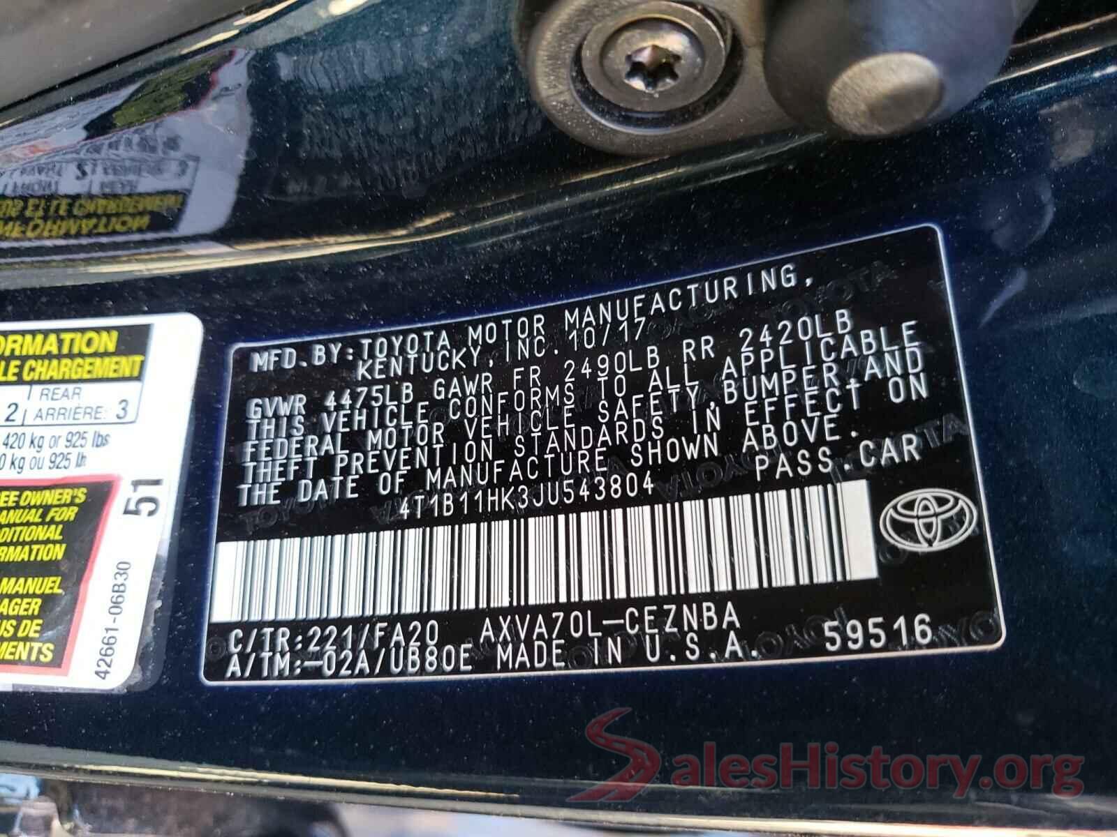 4T1B11HK3JU543804 2018 TOYOTA CAMRY