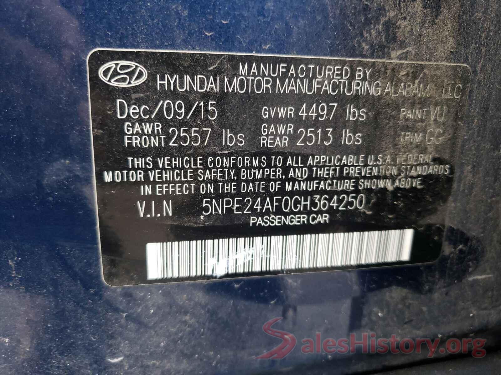 5NPE24AF0GH364250 2016 HYUNDAI SONATA