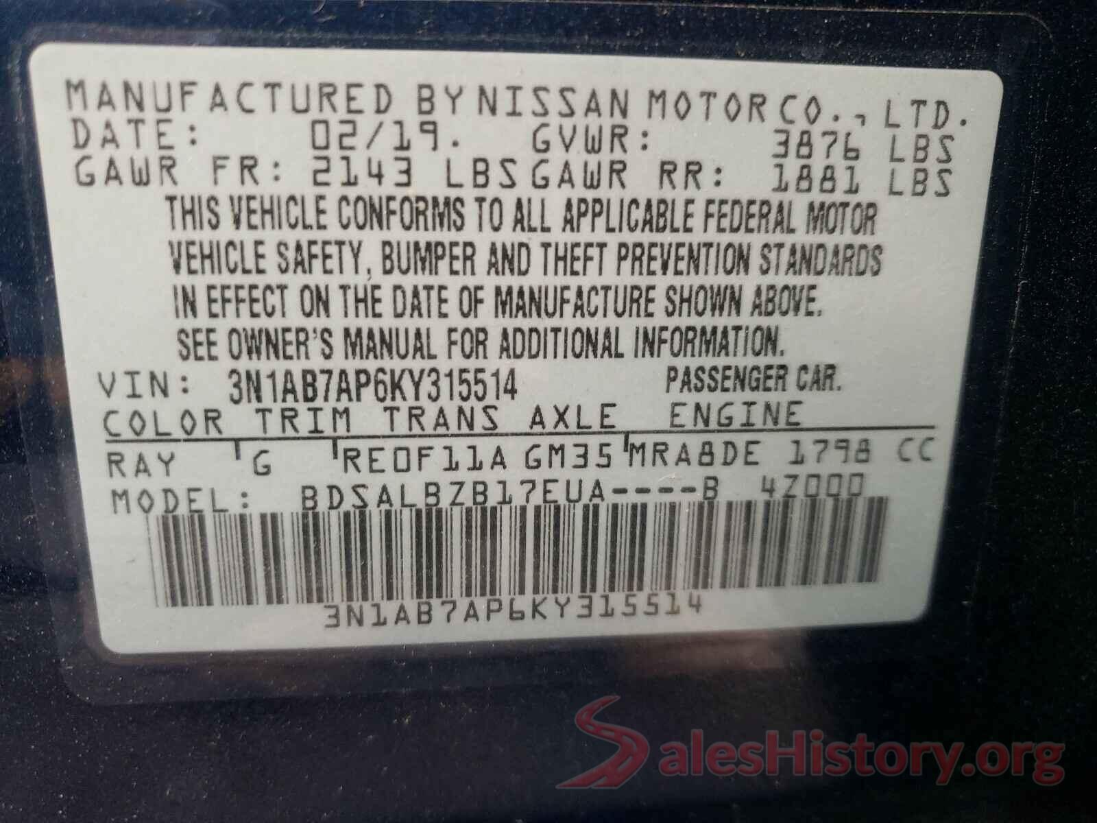 3N1AB7AP6KY315514 2019 NISSAN SENTRA