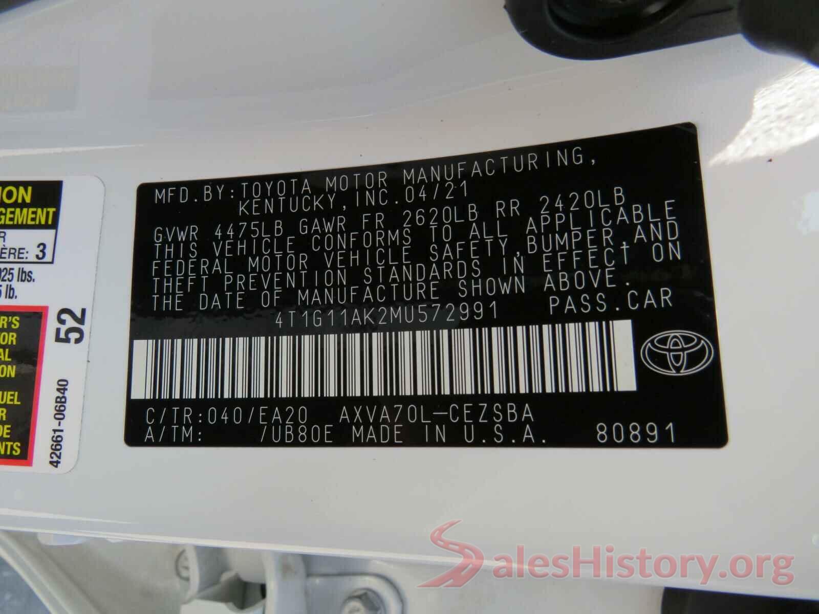 4T1G11AK2MU572991 2021 TOYOTA CAMRY