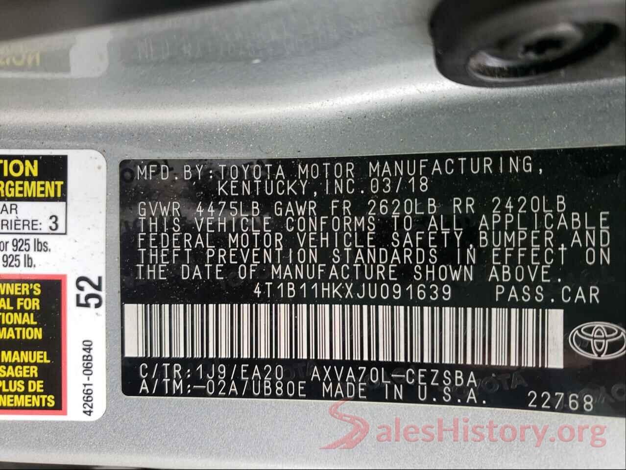 4T1B11HKXJU091639 2018 TOYOTA CAMRY