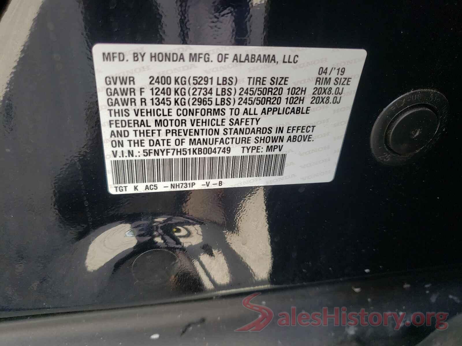 5FNYF7H51KB004749 2019 HONDA PASSPORT