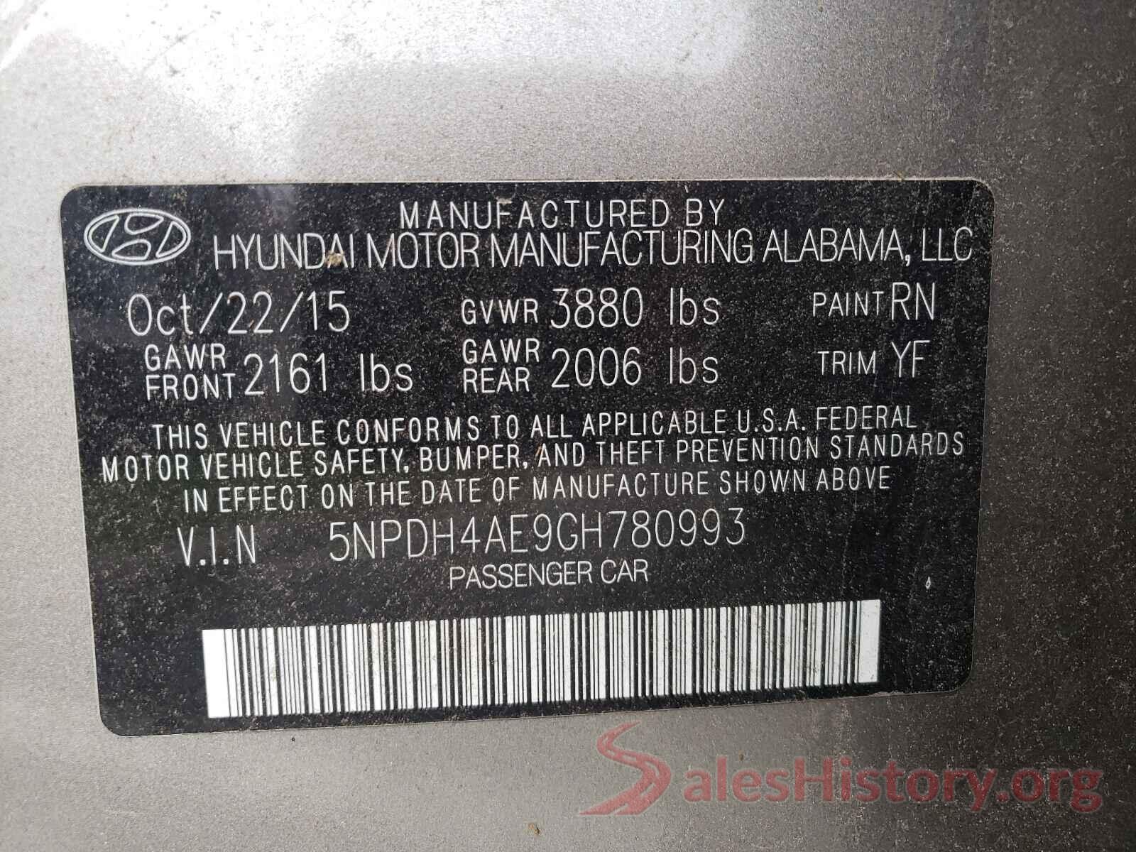 5NPDH4AE9GH780993 2016 HYUNDAI ELANTRA