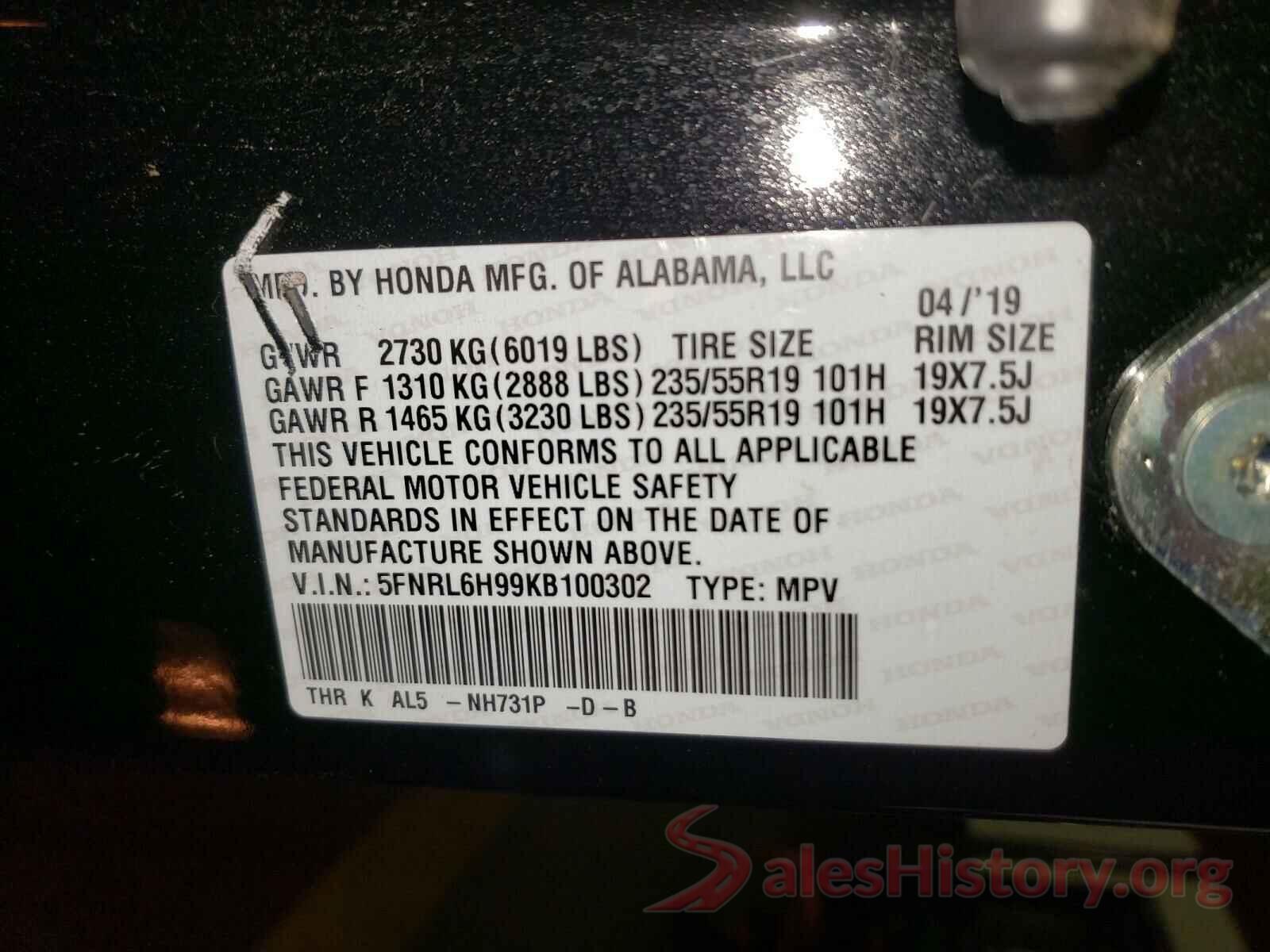 5FNRL6H99KB100302 2019 HONDA ODYSSEY